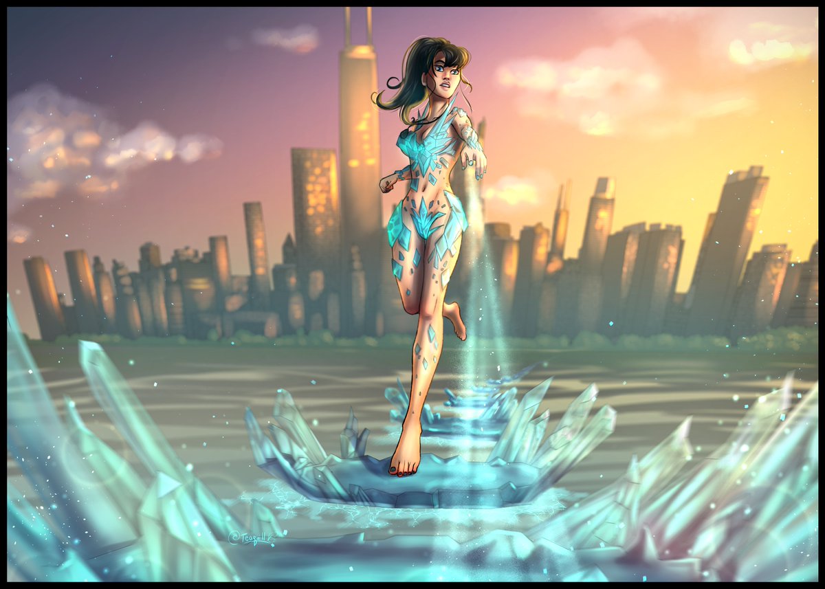 TeaQuill's tweet image. A commission from Gogomechy on DeviantArt of his lovely character Judith. I'd sure love to be able to run across water with my own little ice-islands on command x_x
#commissionsopen