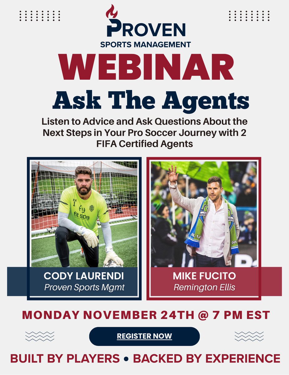 Ask The Agents Webinar 🗣️

• Do you want to play pro soccer? 

• Are you not sure where to start? 

Tune into our webinar and hear directly from Proven’s very own <a href="/CLaurendi23/">Cody Laurendi</a> and another FIFA certified agent about what the best next steps are 

#ProvenSports #WomensSoccer
