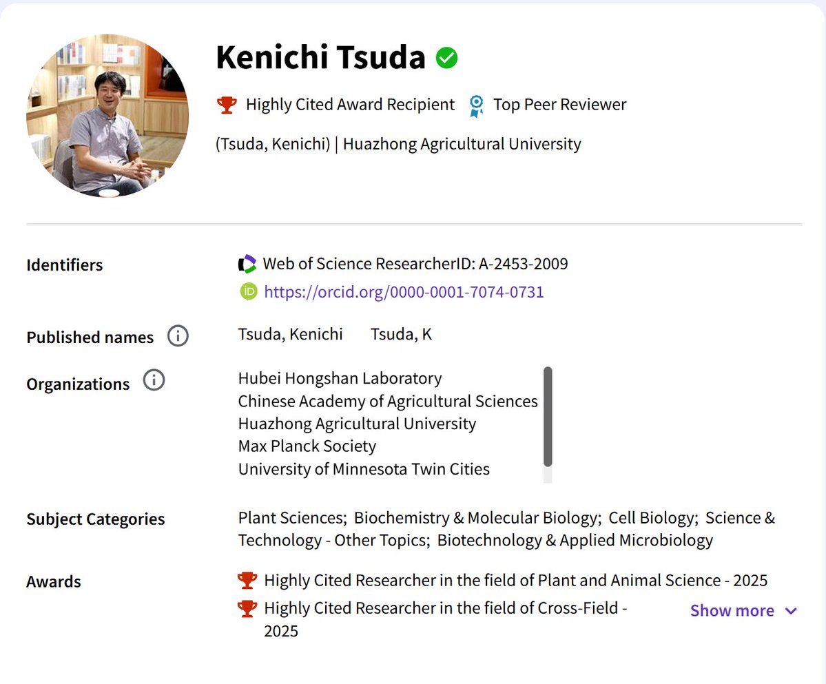 🎊Congratulations to PCP editor <a href="/Billion_of_Gods/">Kenichi Tsuda</a> for being a Clarivate's Highly Cited Researcher 2025, and for his contributions to
#PlantImmunity #PlantScience
webofscience.com/wos/author/rec…

His Q&amp;A: academic.oup.com/pcp/article/63…
Recent work: doi.org/10.1093/pcp/pc…