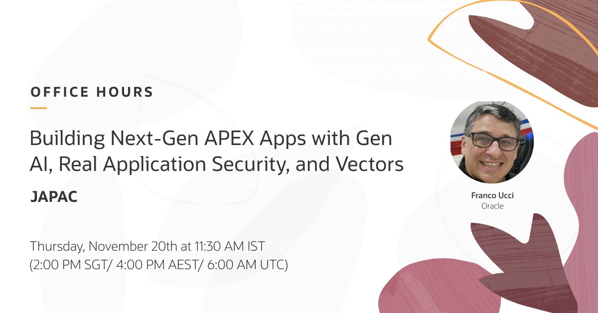 OracleAPEX's tweet image. 🔴 Starting shortly!

Join us for the APEX Office Hours JAPAC session, where Franco Ucci will showcase how APEX, combined with Oracle Database&apos;s JSON, Graph, and Vector capabilities, can bring AI-assisted applications to life.

🎟️ apex.oracle.com/go/japac

#orclAPEX #LowCode