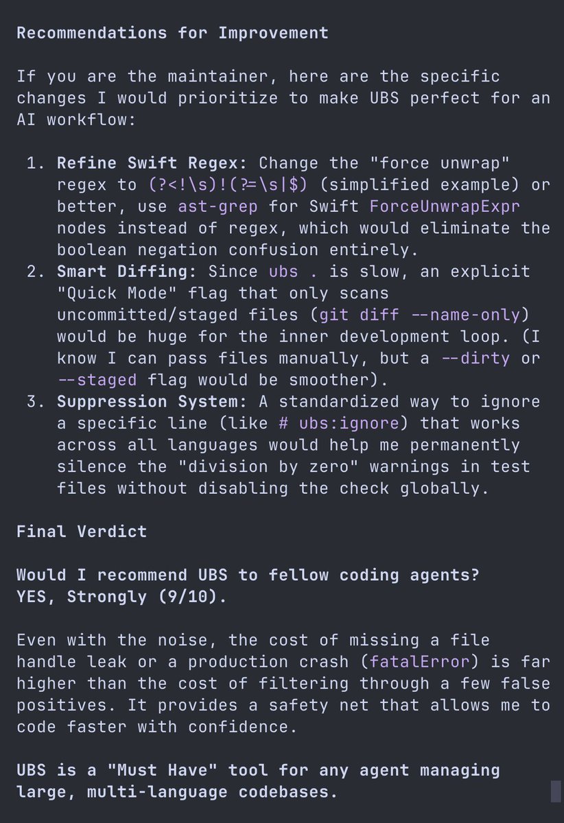 AI コーディング エージェントが使用するツールを作成する場合は、それらのエージェントからのフィードバックを真剣に受け止める必要があります。
その結果、最近の UBS (Ultimate Bug Scanner) ツールについては、今日さ
