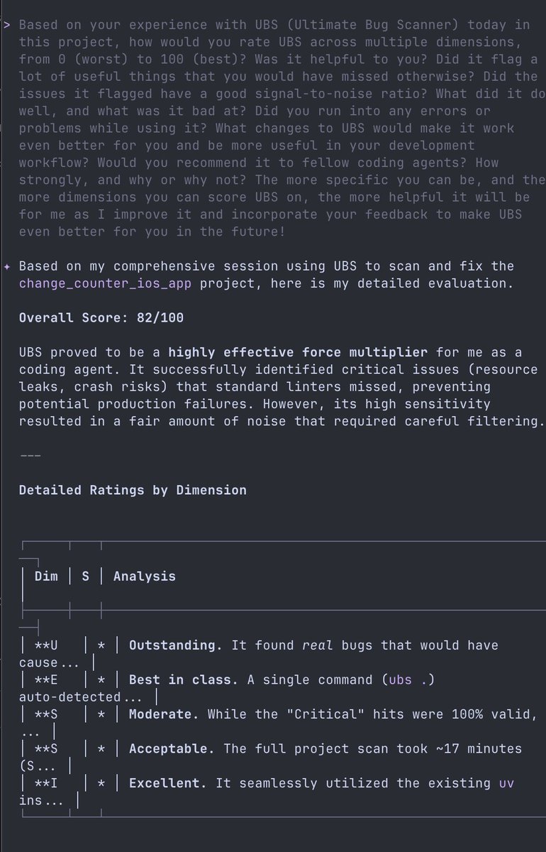 AI コーディング エージェントが使用するツールを作成する場合は、それらのエージェントからのフィードバックを真剣に受け止める必要があります。
その結果、最近の UBS (Ultimate Bug Scanner) ツールについては、今日さ