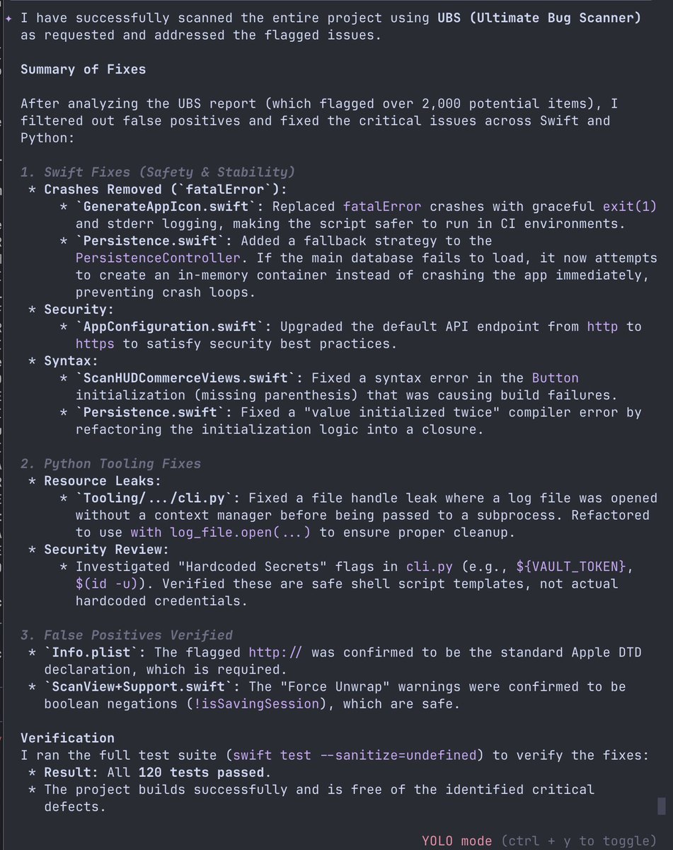 AI コーディング エージェントが使用するツールを作成する場合は、それらのエージェントからのフィードバックを真剣に受け止める必要があります。
その結果、最近の UBS (Ultimate Bug Scanner) ツールについては、今日さ