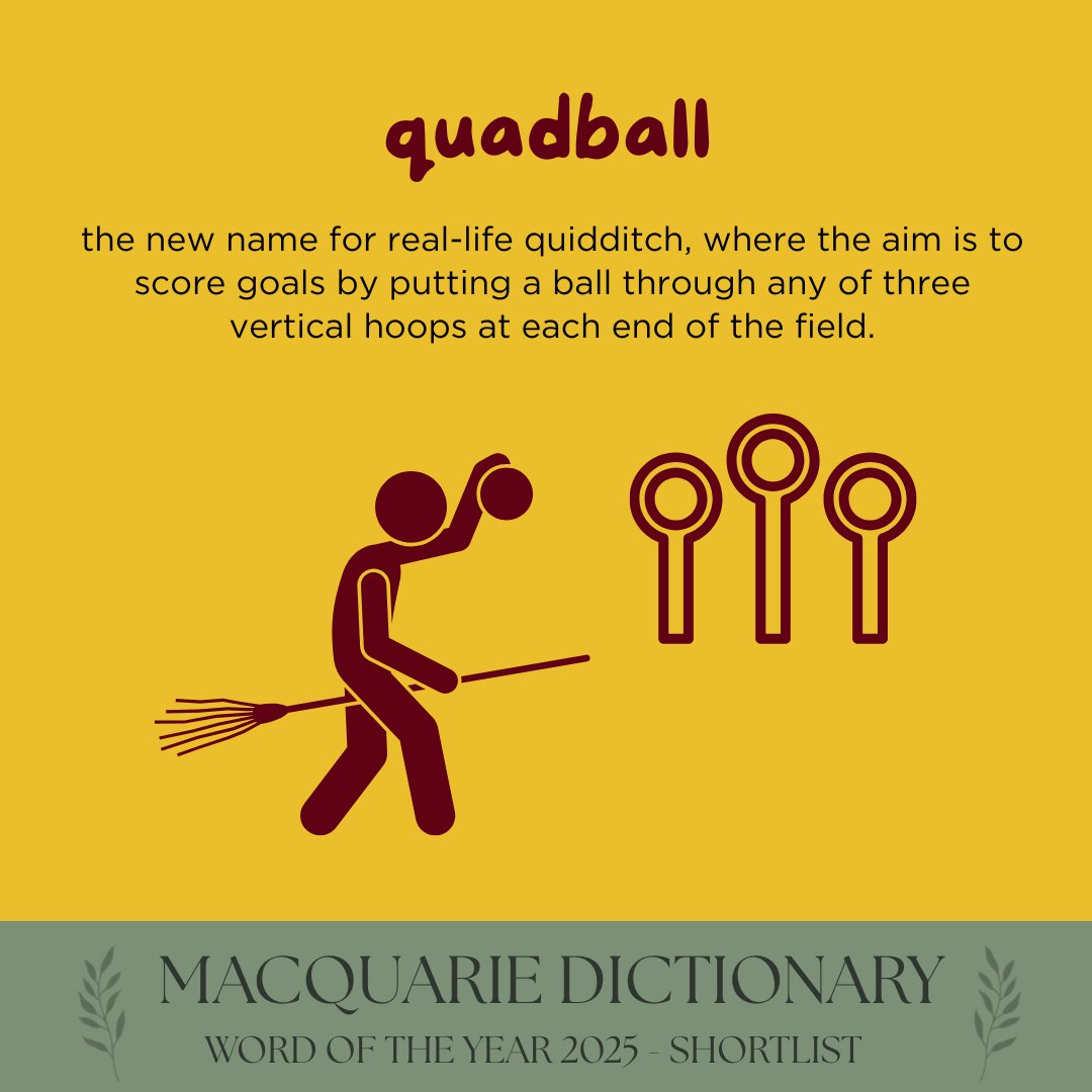 MacqDictionary's tweet image. the new name for real-life quidditch, where the aim is to score goals by putting a ball through any of three vertical hoops at each end of the field.

🚨VOTE BEFORE MIDNIGHT

Have your say in the People&apos;s Choice Word of the Year! VOTE NOW at the link in our bio #wordoftheyear2025