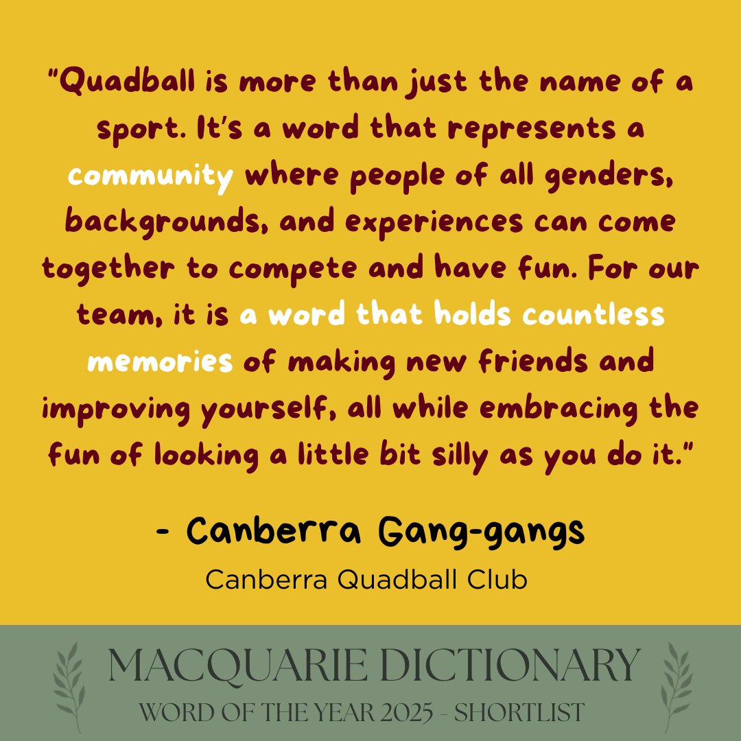 MacqDictionary's tweet image. the new name for real-life quidditch, where the aim is to score goals by putting a ball through any of three vertical hoops at each end of the field.

🚨VOTE BEFORE MIDNIGHT

Have your say in the People&apos;s Choice Word of the Year! VOTE NOW at the link in our bio #wordoftheyear2025