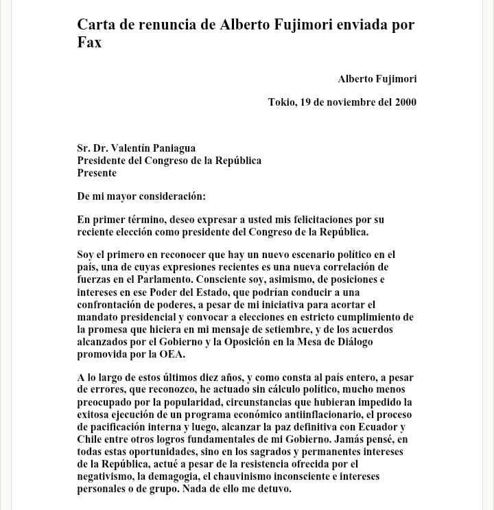 Pati_PaniaguaG's tweet image. Frente al olvido, mentiras, desinformación, negacionismo y posverdad siempre estarán VERDAD, HISTORIA y MEMORIA.

Un día como hoy, hace 25 años, Valentín Paniagua, entonces pdte. del Congreso, recibe carta de renuncia, vía fax y desde Japón, firmada por el ex dictador Fujimori.