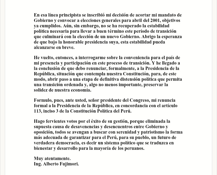 Pati_PaniaguaG's tweet image. Frente al olvido, mentiras, desinformación, negacionismo y posverdad siempre estarán VERDAD, HISTORIA y MEMORIA.

Un día como hoy, hace 25 años, Valentín Paniagua, entonces pdte. del Congreso, recibe carta de renuncia, vía fax y desde Japón, firmada por el ex dictador Fujimori.