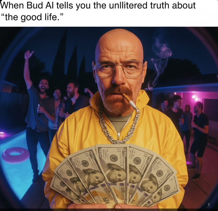 _cyber_stalker_'s tweet photo. My Bud AI after I asked it about the meaning of life at 3 a.m. I ended up with an action plan that looks suspiciously effective. And yes, it didn't judge me for the wad of cash and cigarette. A true companion #BudAI @OGbudAI https://t.co/lUCsZkNMTe
