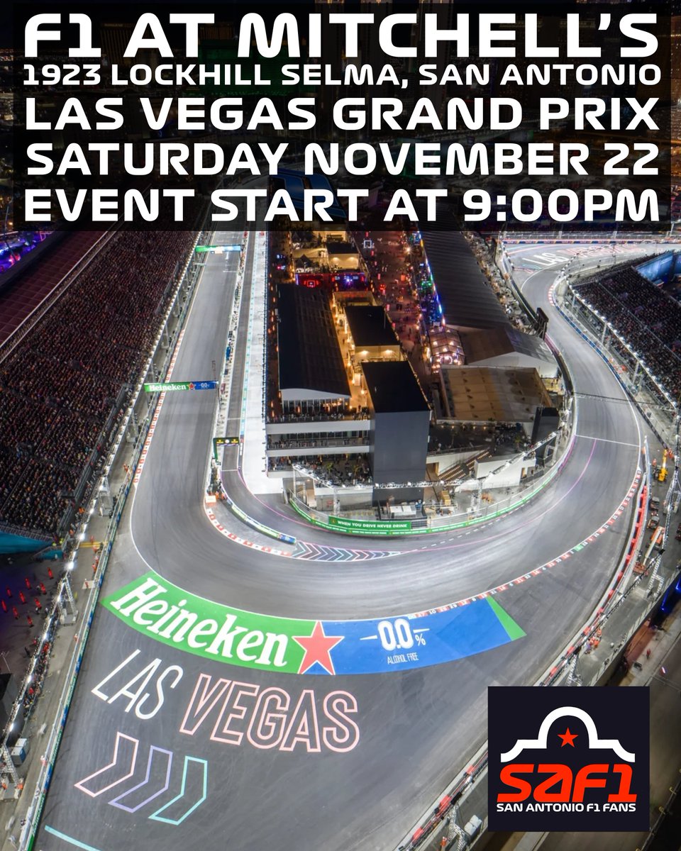 SAFormula1Fans's tweet photo. Come join us Saturday at Mitchell's, 1923 Lockhill Selma, #SanAntonio #Texas, for the @F1 #LasVegasGP, starting at 9PM. 🏎 🏁

Event link in our bio. Click ‘Going’.
Food Truck will be in the parking lot.

All #Formula1 fans are welcome.
We are Pet and kid friendly. 🐾🍻
#SAF1 https://t.co/9hR4HBY6lC