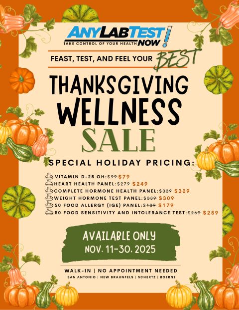 AnyLabTestNowSA's tweet image. 🍁 FEAST. TEST. FEEL YOUR BEST! 💉 Heart Health, Vitamin D, Food Allergy &amp;amp; Hormones | Nov 11–30 | Walk-in | Fast results | San Antonio &amp;amp; surrounding areas
#StayHealthy san-antonio-offers.paperform.co