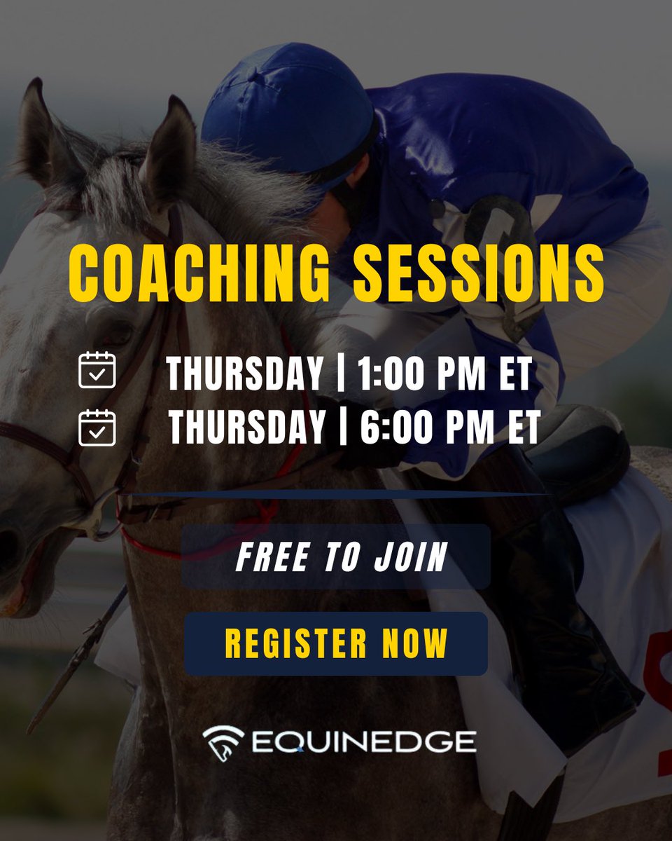 EquinEdge's tweet image. Two chances to join us this Thursday!
💻 1 PM ET
💻 6 PM ET
Free EquinEdge coaching — register now 👉 calendly.com/scottypick6/eq…

#EquinEdge #HorseRacing #Handicapping #HorsePlayers