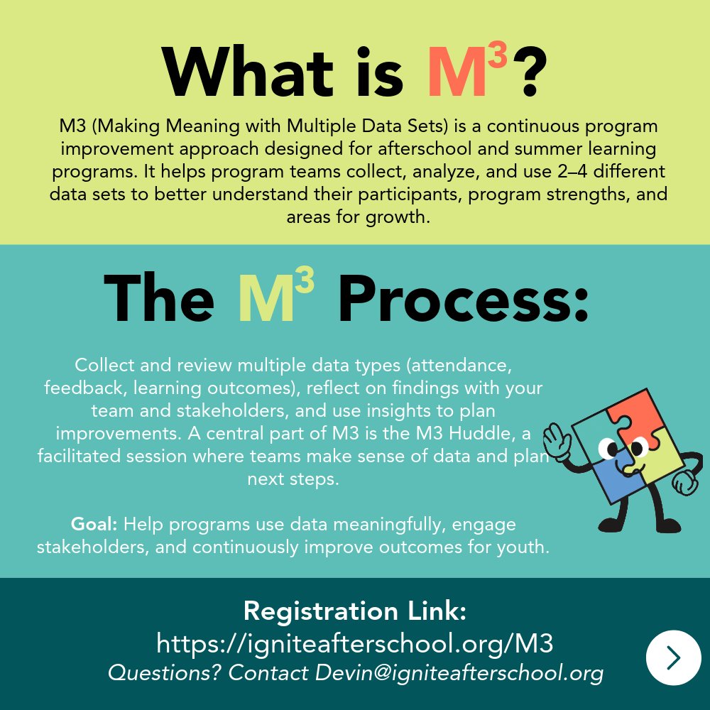 IgniteMN's tweet image. Turn Your Data Into Impact!
Join an M3 Open Huddle and learn how to make sense of your program’s data, reflect on successes, and plan actionable improvements.

💡Register Today &amp;amp; start making data meaningful! igniteafterschool.org/M3

#AfterschoolPrograms #ProgramImprovement
