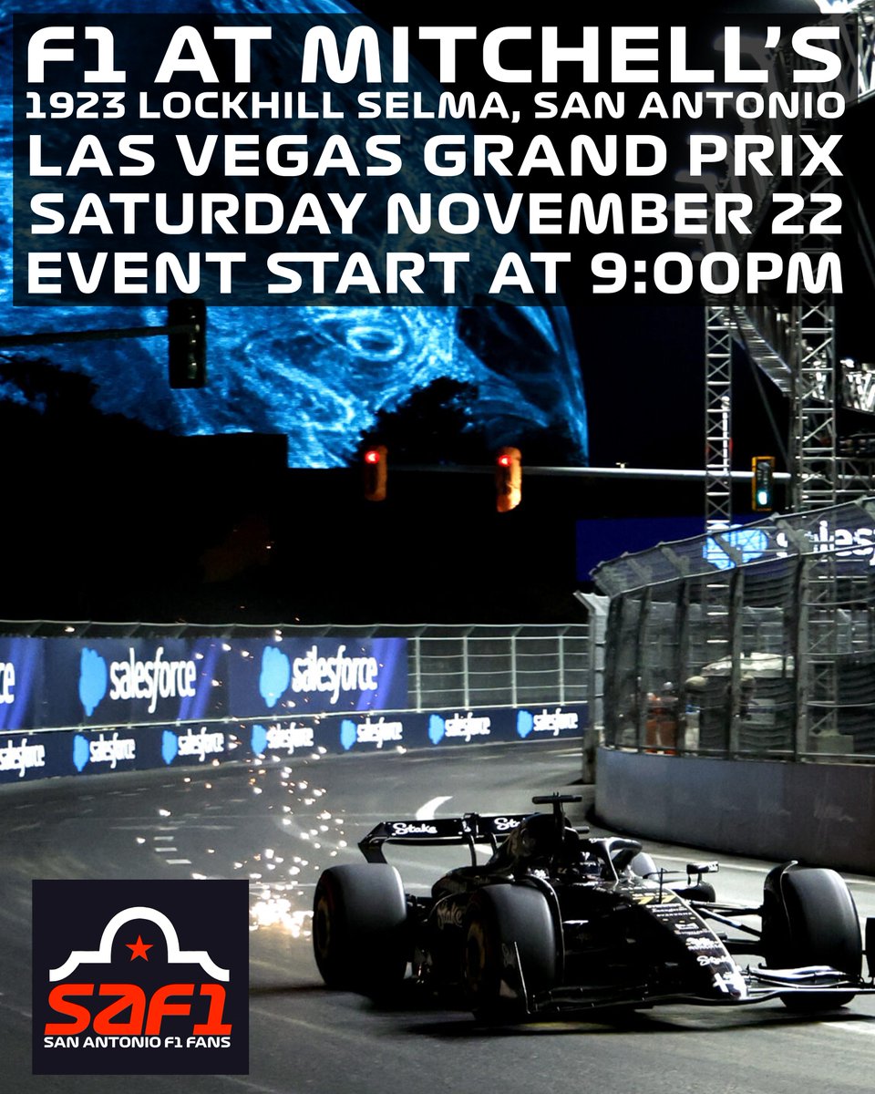 SAFormula1Fans's tweet photo. Come join us tonight at Mitchell's, 1923 Lockhill Selma, #SanAntonio #Texas, for the @F1 #LasVegasGP, starting at 9PM. 🏎 🏁

Event link in our bio. Click ‘Going’.
Food Truck will be in the parking lot.

All #Formula1 fans are welcome.
We are Pet and kid friendly. 🐾🍻
#SAF1 https://t.co/2niZ1PiEKe