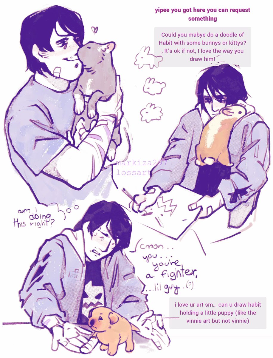 2 more strawpage request! sorry hes not holding pup directly i didn't want to be repetitive... this is the new hit series habit goes through therapy: episode 0-animal shelter bcs cringe is dead and it makes me happy to imagine him trying to do better #everymanhybrid #emh #HABIT