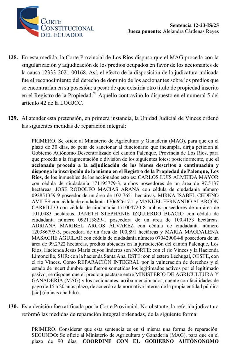 VeronicaLHM's tweet photo. ▶️Otro caso de desnaturalización: No. 12-23-IS/25  

*️⃣Se planteó una acción de protección solicitando la adjudicación de hectáreas. 

*️⃣Los accionantes buscaban que se les declare propietarios de un bien inmueble y se inscriba su título de propiedad. 

*️⃣La Sala Multicompetente de la Corte Provincial de Los Ríos dispuso que el Ministerio de Agricultura adjudique los predios a favor de los accionantes. 

🔸Al Sr. Carlos M. se le adjudicó un área de 97.5137 hectáreas

🔸Al Sr. José M. se le adjudicó un área de 102.7651 hectáreas 

🔸A la Sra. Mirna C. y el Sr. Manuel A. se les adjudicó un área de 101.0483 hectáreas 

🔸A la Sra. Janeth I. se le adjudicó un área de 100.4153 hectáreas 

🔸Al Sr. Adrián A. y a la Sra. María M. se les adjudicó un área de 99.2722 hectáreas 

*️⃣Los jueces provinciales reconocieron vía acción de protección el derecho de dominio sobre los predios. 

*️⃣El caso llegó a conocimiento de la Corte Constitucional en el 2023 y en el 2025 declaró inejecutable estas medidas.