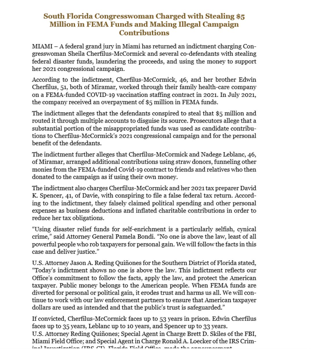 Huberton's tweet image. 🚨JUST ANNOUNCED: Dem U.S. Rep. Sheila Cherfilus-McCormick indicted, charged with stealing $5 million in FEMA funds. No one is above the law.