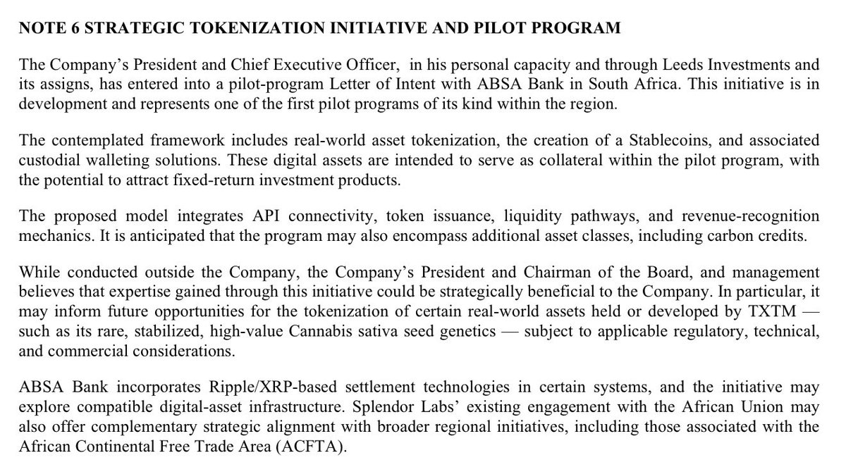 WolfOfOTC's tweet photo. 🚀 $TXTM Monumental Week: Shareholder Update + Q3 Filing Unveils Blueprint for the Future

Here’s everything that just changed the entire trajectory of this company 👇

📌 Shareholder Update (Nov 19)
• Debt-free, no dilution, no reverse split.  
• $505 million balance sheet noted as debt-free.  
• IFRS-audited 2022 & 2023 financials complete, 2024 filings in progress toward PCAOB/Form 10 ambition.  
• Strategic support under the TruLeaf LOI recognized as IFRS income/gain (non-cash benefit to balance sheet).  
• FX tailwind opportunity via ZAR/USD translation on seed inventory.  
• New advisory board addition (Ambassador of Chad) to enhance global strategic depth.  

⸻

📌 Q3 Filing Highlights
• Inventory – Genus Cannabis Sativa Seeds valued at $505 M.
• Active Pharmaceutical Ingredients (API) inventory added (historical cost of ~$6.298M, FMV ~$10.71M).
• Assets ~$511 M / Liabilities ~$0.7 M / Equity ~$510.6 M.
• Seed-multiplication program confirmed: 600 M planted, 1 B returned, additional 250 M contributed.
• Pilot-program LOI with ABSA Bank in South Africa: RWA tokenization, stablecoins, custodial walleting, APIs as collateral, carbon-credits inclusion, Ripple/XRP-rails.
• The filing explicitly ties TXTM’s seed inventory + API inventory → RWA → tokenization → new financial pathways.
• Management working for $1/year; CEO bought 209 M common shares personally.
• Operating expenses for the quarter: ~$4,404.

⸻

🎯 Why This Matters More Than Ever
This isn’t just business as usual. TXTM is now operating at the intersection of:
• Next-gen biotech (live-plant extraction, kettle tech)
• Pharmaceutical grade API development (Partnership)
• Tokenized real-world assets (seeds, APIs, carbon credits)
• Institutional finance (bank custody + tokenization + stablecoins)
• Global regulatory alignment (IFRS, RWA accounting, International advisory board)

DrJ has built the foundation, and now the monetization model can start to play out. The model: Biotech output → RWA asset valuation → tokenization/staking → scalable financial ecosystem.

Bottom line:
This is no longer just a seed-to-CBD play. It’s a full-blown biotech + asset-finance + global infrastructure. The market hasn’t yet internalized it.

11/19/25 Q3 👇🏼
https://t.co/FkN0x4V82n

11/19/25 Shareholder Press Release 👇🏼
https://t.co/dG6RMADaEj

#TXTM #Protext #ProtextMobility #TruLeaf
#Biotech #PharmaTech #CBDAPI #CBDInnovation #FECO #Nanotechnology #Bioavailability #RWA #RealWorldAssets #Tokenization #Stablecoin #Blockchain #Fintech #DigitalAssets #IFRS #GAAP #PCAOB #Uplist #InternationalListing
#ABSA #AfricaRising #Ripple #XRP #ACFTA #ShareholderValue #FutureFinance #NewPathways #GlobalHealing