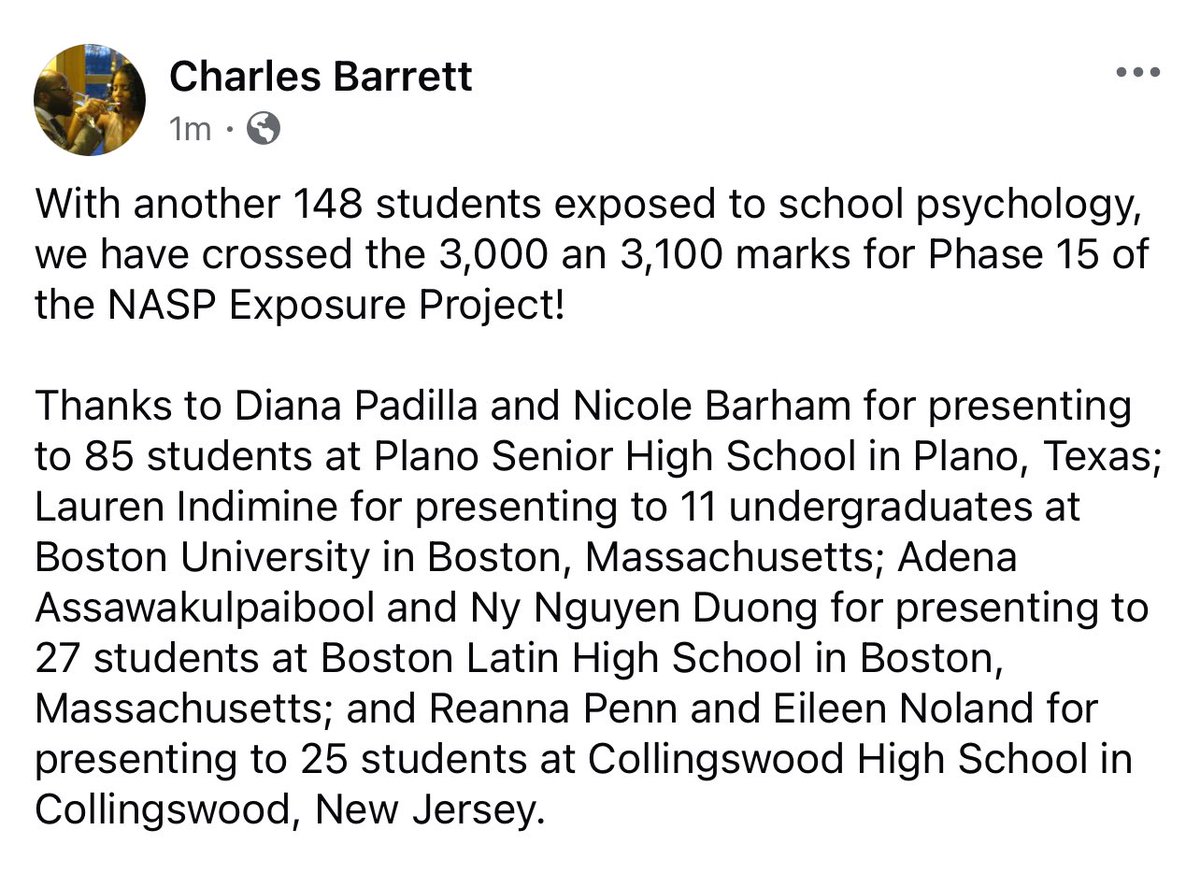 _charlesbarrett's tweet image. With another 148 students exposed to school psychology, we have crossed the 3,000 an 3,100 marks for Phase 15 of the NASP Exposure Project! Thanks for your support and continued support! Materials: lnkd.in/egDF3hg5 Submit Data: lnkd.in/ermZPf8
#NASPExposureProject