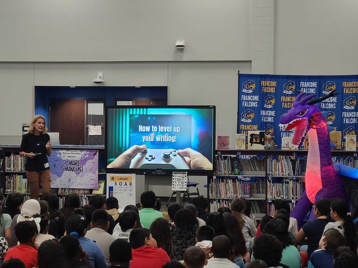 FranconeLibrary's tweet image. Our 3rd, 4th, and 5th grade Falcons visited with author Mari Mancusi today. They learned all about her writing process, author life, and got the scoop on her next book! Bonus: Thirty autographed books and 7 posters will be delivered tomorrow.🤩 @FranconeElem @CyFairLibraries
