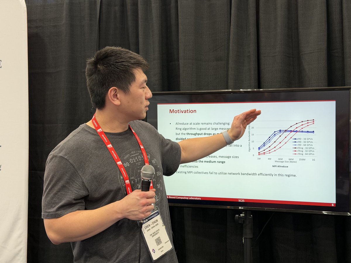 mvapich's tweet image. In another one of our student talks, @mvapich lab member Chen-Chun Chen presents new #GPU-enable #MPI results for collectives used commonly in #HPC and #AI workloads! We have plenty more exciting talks coming tomorrow to wrap up #SC25 on a high(-performance) note!