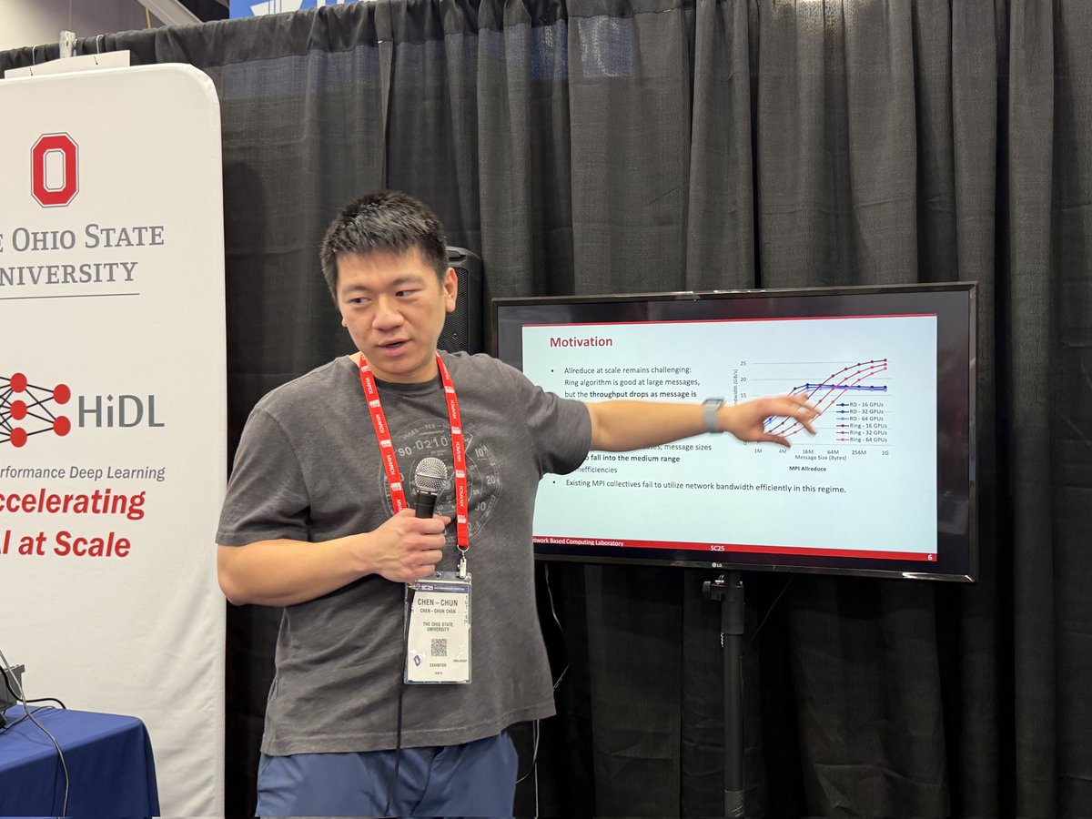 mvapich's tweet image. In another one of our student talks, @mvapich lab member Chen-Chun Chen presents new #GPU-enable #MPI results for collectives used commonly in #HPC and #AI workloads! We have plenty more exciting talks coming tomorrow to wrap up #SC25 on a high(-performance) note!