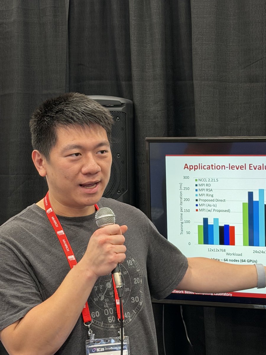 mvapich's tweet image. In another one of our student talks, @mvapich lab member Chen-Chun Chen presents new #GPU-enable #MPI results for collectives used commonly in #HPC and #AI workloads! We have plenty more exciting talks coming tomorrow to wrap up #SC25 on a high(-performance) note!
