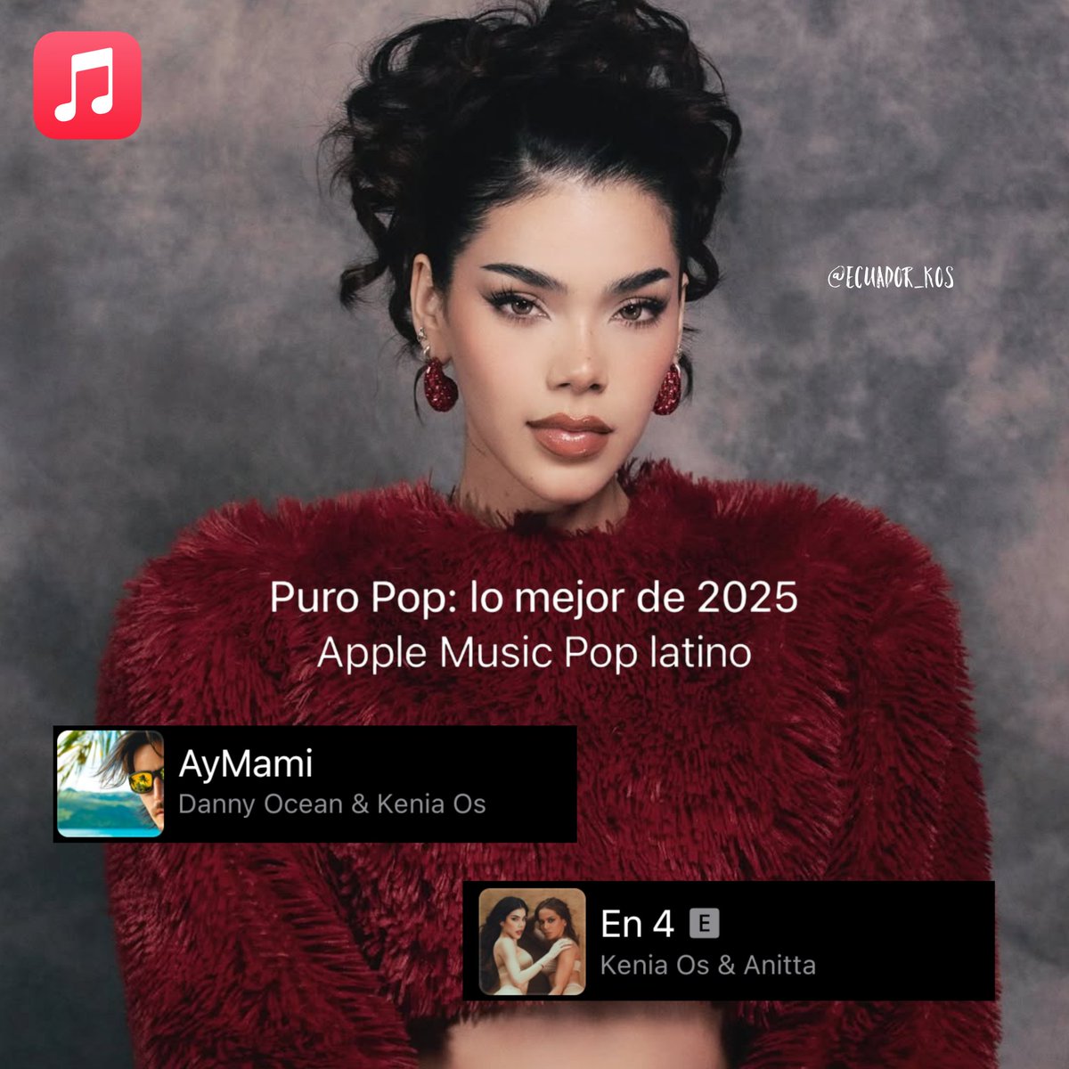 Apple Music nombra a 2 canciones de @KeniaOs como lo mejor de 2025 en la categoría Pop Latino:

#14. AyMami
#44. En 4

Link: music.apple.com/ec/playlist/pu…