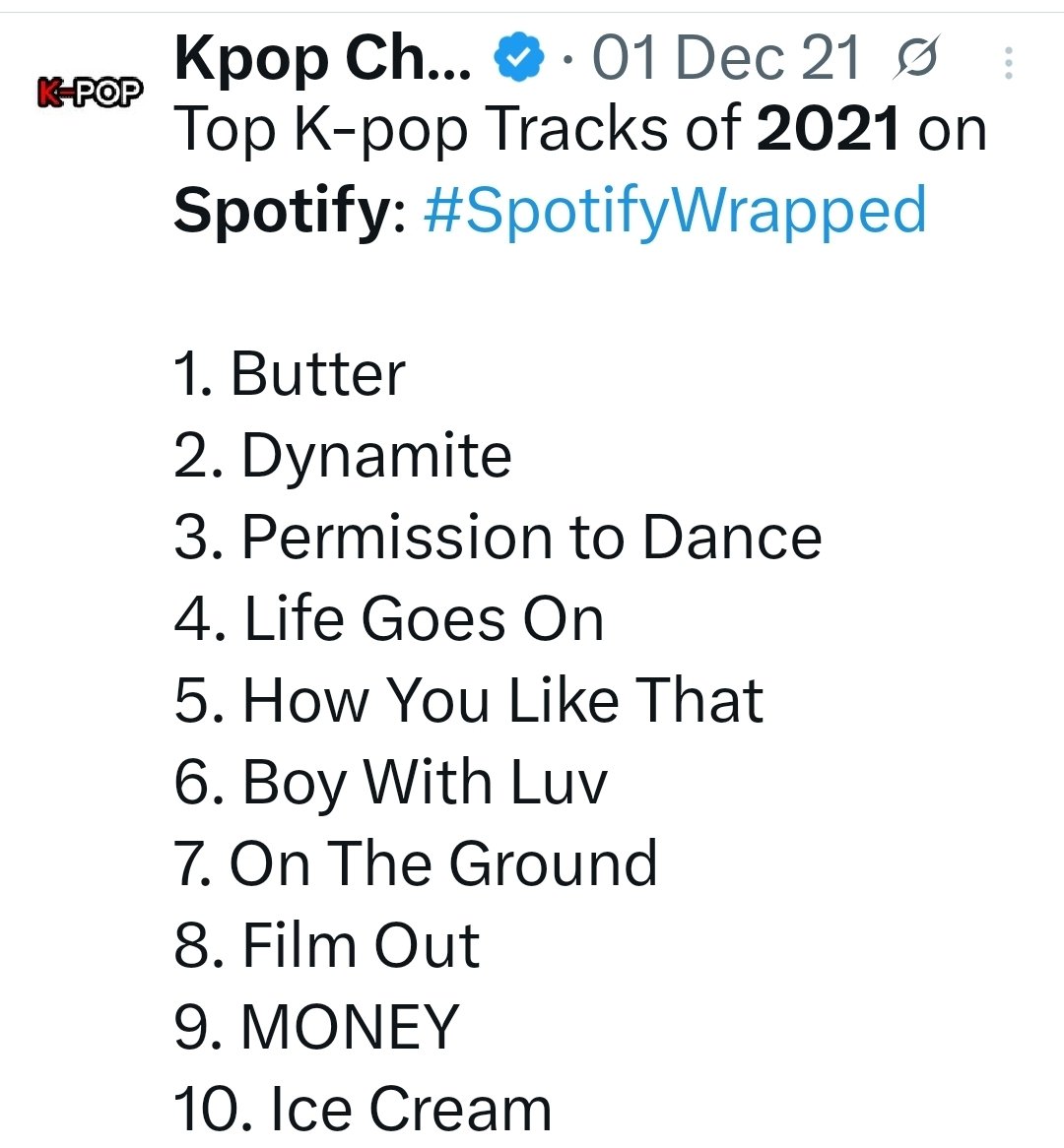 pjmstolemyheart's tweet image. I compiled screenshots of posts that had the top 10 K-Pop songs for Spotify Wrapped from 2020 - 2024!