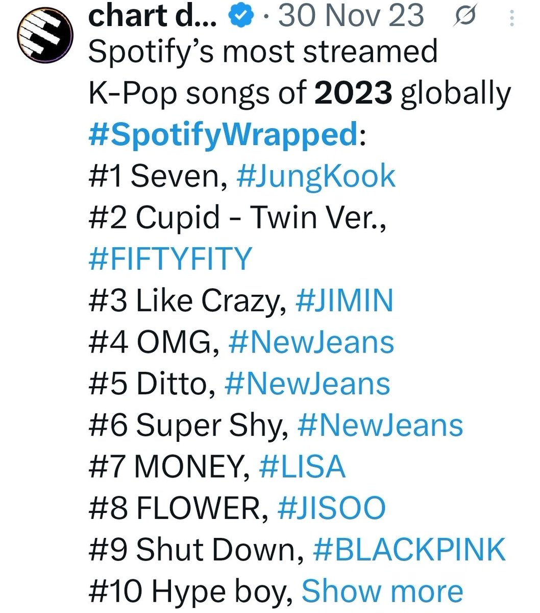 pjmstolemyheart's tweet image. I compiled screenshots of posts that had the top 10 K-Pop songs for Spotify Wrapped from 2020 - 2024!