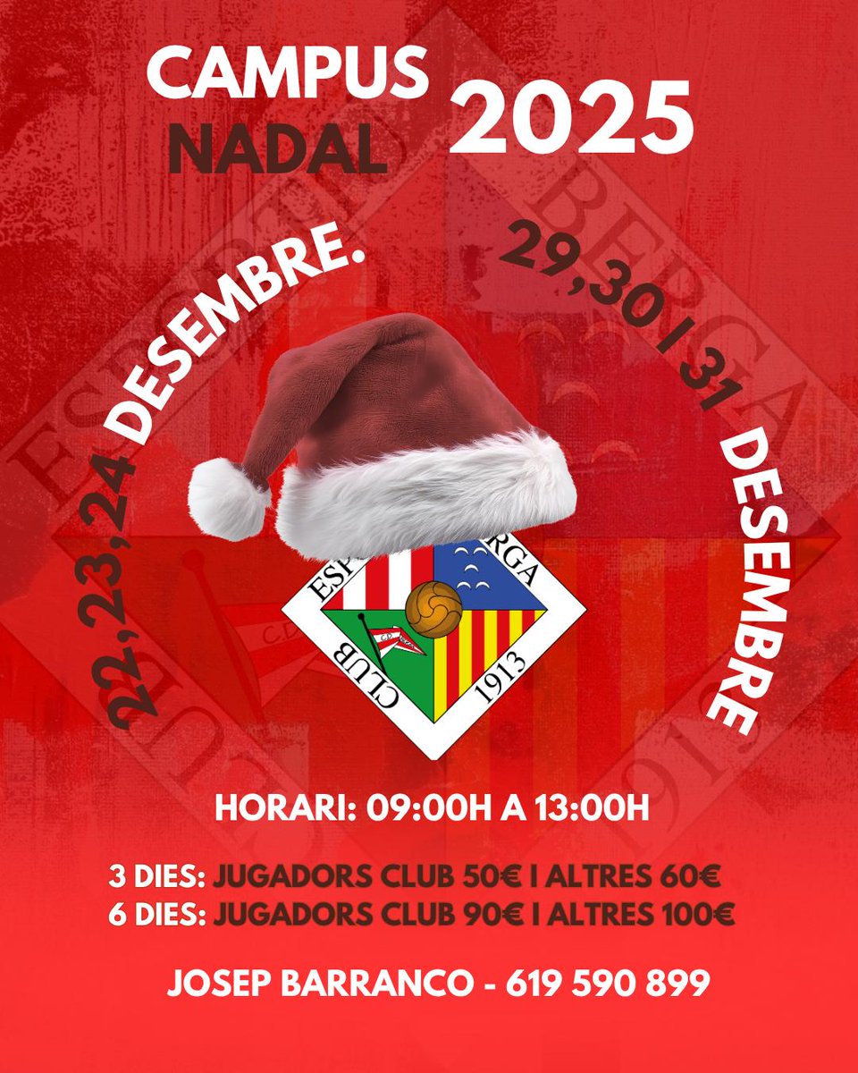 ceberga1913's tweet photo. 🎄⚽ ARRIBA EL CAMPUS DE NADAL❗

Aquest desembre torna un dels moments més especials de l’any: dies plens de futbol, diversió i bon ambient al Municipal de Berga.

📅 FRANJA 1: 22, 23 i 24.
📅 FRANJA 2: 29, 30 i 31.

Entrenaments, reptes, sorpreses i molta màgia de Nadal! ✨⚽🔔 https://t.co/AmB2AzjPVF