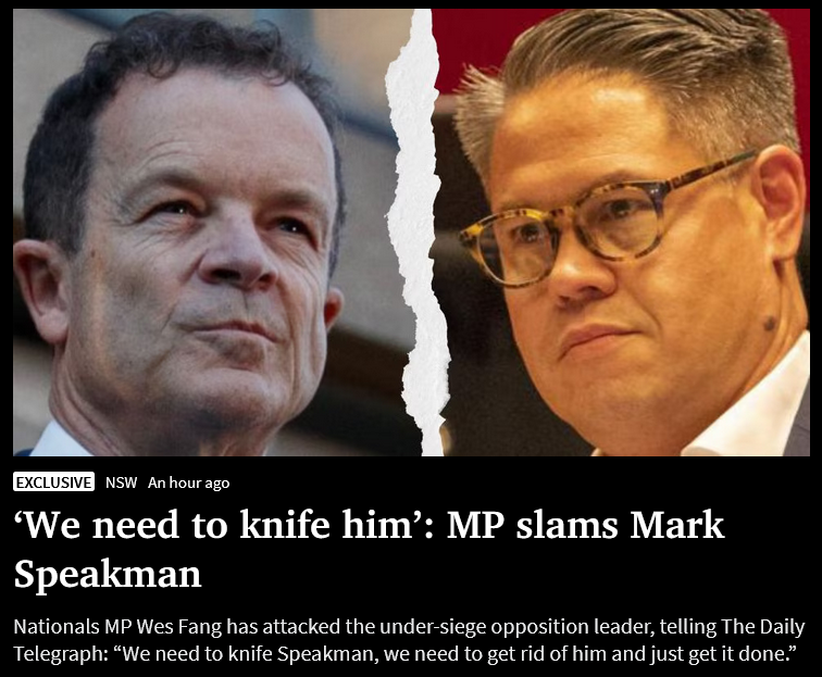 adamnicotera's tweet image. NSW Nationals Party MP wants the Liberal Party&apos;s leader “knifed”? 😲

“We need to knife Speakman, We need to get rid of him (Mark) and just get it done. I’m happy to do it if the Libs can’t find the ticker” Mr. Fang told The Daily Telegraph.

#nswpol #libspill #libsplit #auspol