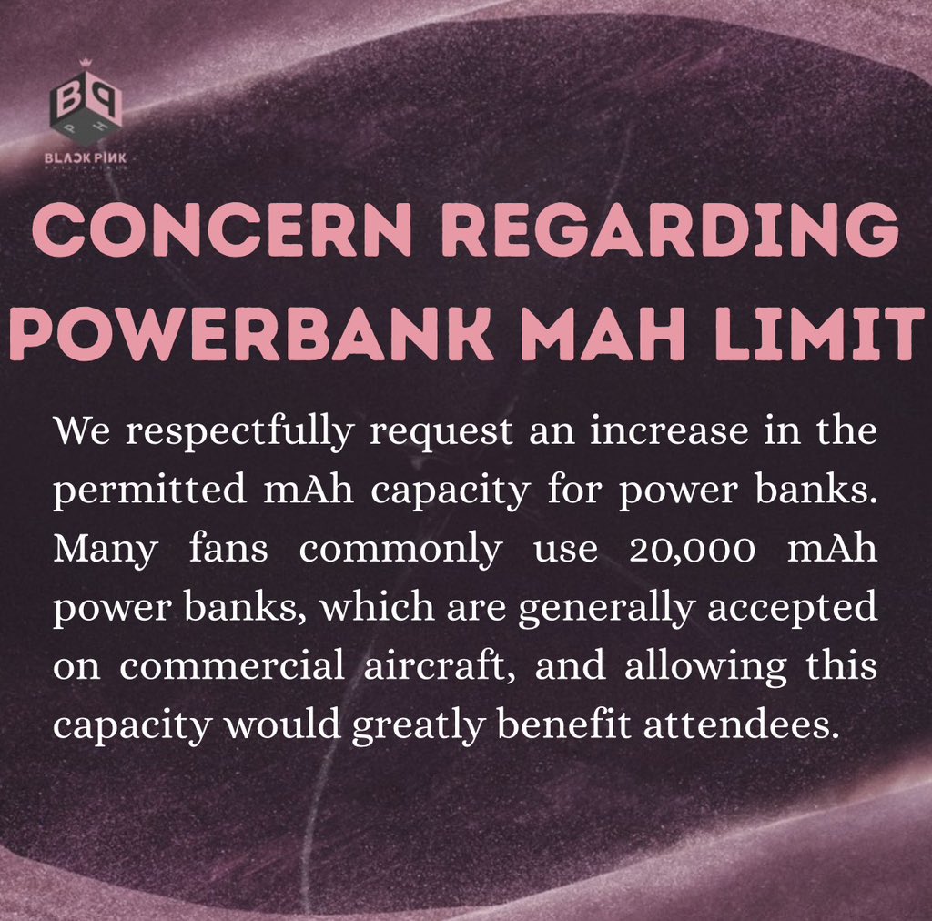 BLACKPINK_PH's tweet image. 𝐁𝐋𝐀𝐂𝐊𝐏𝐈𝐍𝐊 &amp;lt;𝐃𝐄𝐀𝐃𝐋𝐈𝐍𝐄&amp;gt; 𝐈𝐍 𝐁𝐔𝐋𝐀𝐂𝐀𝐍 

Good day Live Nation, we hope this message reaches you. We would like to request a reconsideration of the allowed powerbank MAH.

Thank you!

#BLACKPINK #DEADLINE_IN_BULACAN #BLINK #JISOO #JENNIE #ROSÉ #LISA