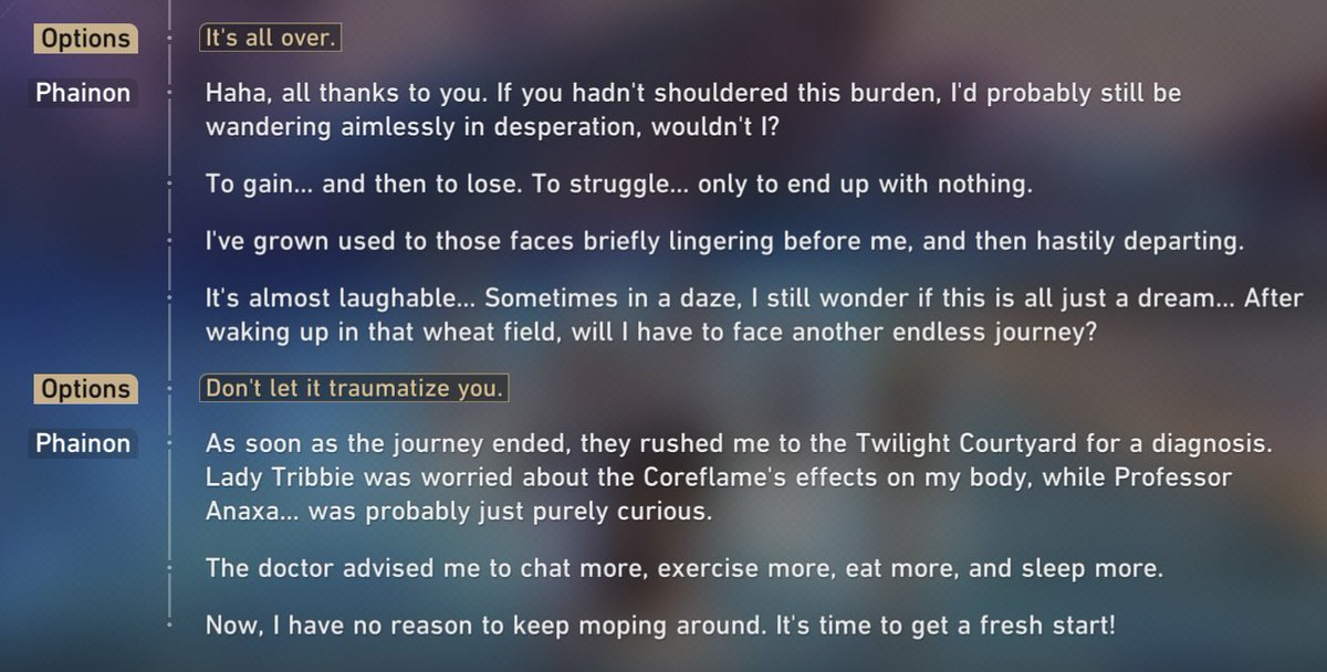 phainon still being in disbelief that he actually got a happy ending, several heirs checking on his health as soon as they could... 🙁 he's so deserving of all the good things in the world i'm a mess