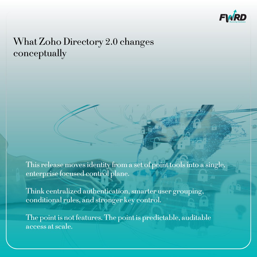 FWRDtweets's tweet image. Identity only matters when it fails—wrong logins, blocked logins, unclear access. Zoho Directory 2.0 brings stronger authentication, smarter access rules, and better visibility across cloud, internal tools, WiFi &amp;amp; legacy systems. #FWRDCRM #ZohoDirectory #ITSecurity