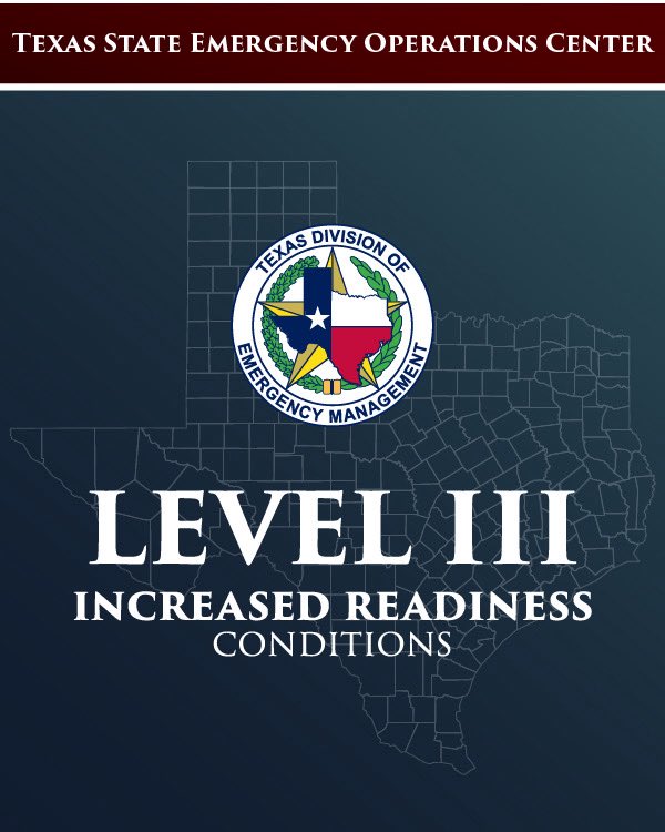 At Gov. Abbott’s direction, TDEM has raised the level of the State Emergency Operations Center to Level III (Increased Readiness) ahead of impacts from severe storms &amp; flooding risks.

Details: gov.texas.gov/news/post/gove…

State resources are staged across Texas— are you ready? #txwx