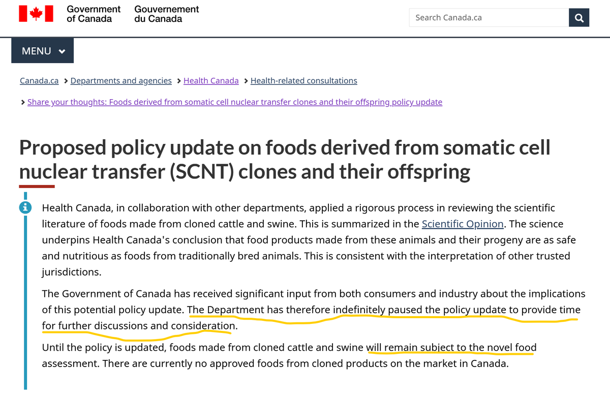 FoodProfessor's tweet image. BREAKING: Health Canada has indefinitely paused its proposed policy update on foods from cloned cattle and swine.

After significant pushback from consumers and industry, Ottawa is stepping back to “allow more time for discussion.”

For now, any cloned-animal food products must…