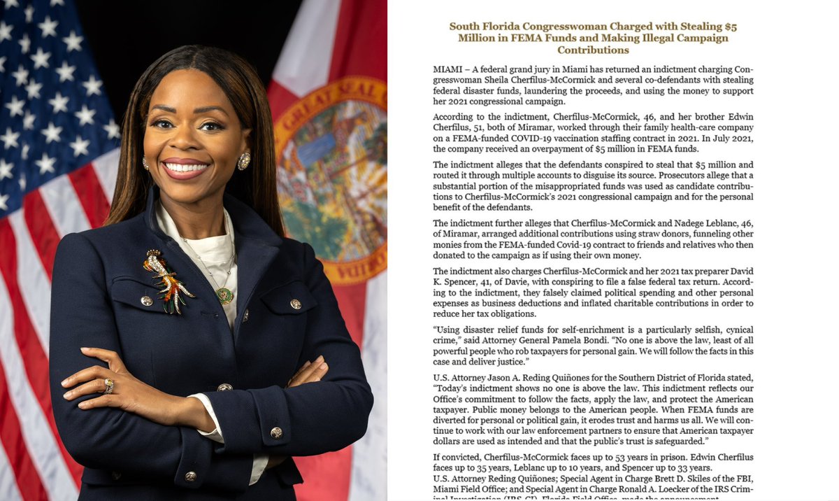 🚨 BREAKING: The DOJ has charged Democrat Congresswoman Sheila Cherfilus-McCormick (FL) with stealing $5 MILLION in FEMA funds. 

If convicted, she faces up to 53 years in prison.