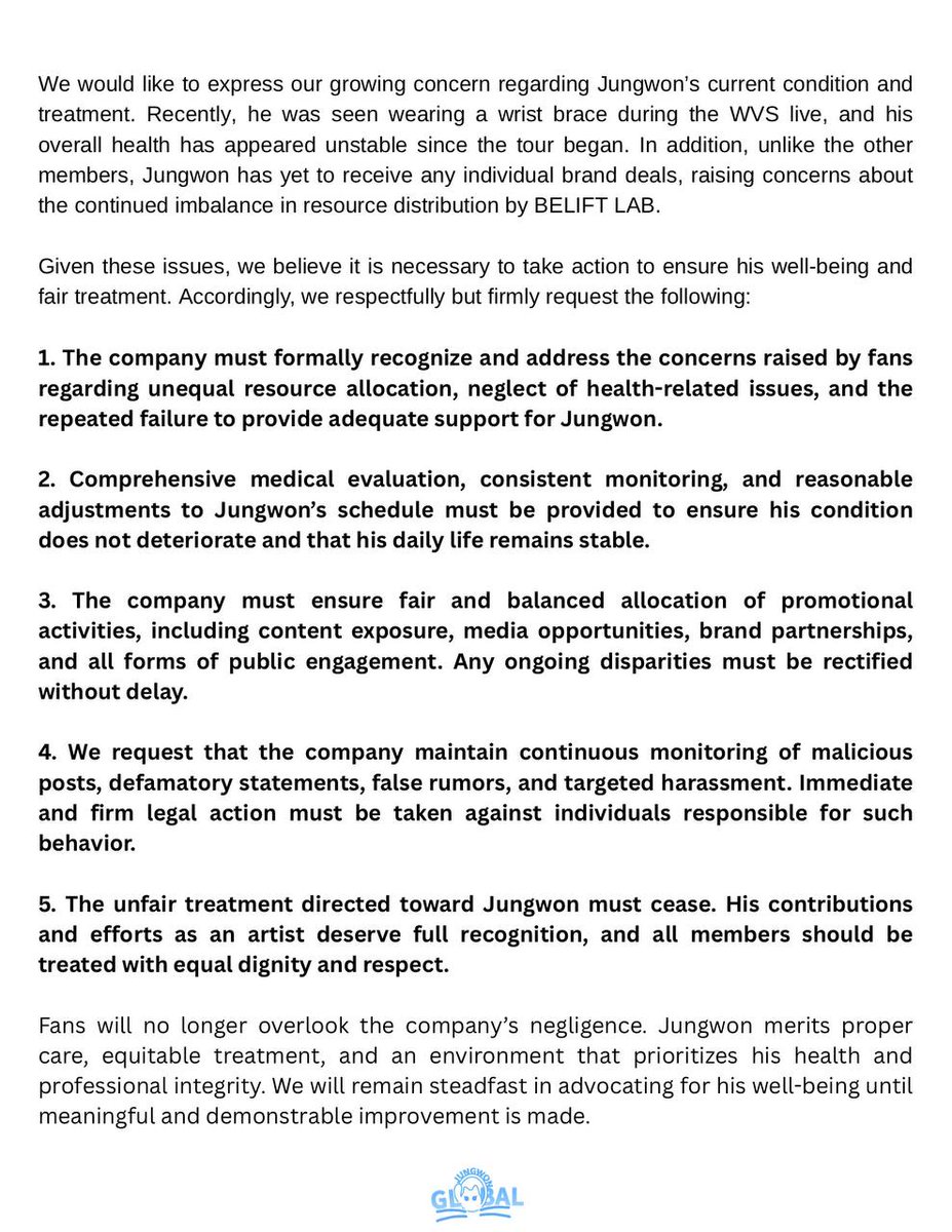 JUNGWONGLOBAL's tweet image. [📢]

JUNGWON has carried heavy expectations with maturity, professionalism, and strong leadership, despite the stress and pressure he faces. However, the company has repeatedly failed to adequately address the physical wellbeing as well as fair and balanced promotion…