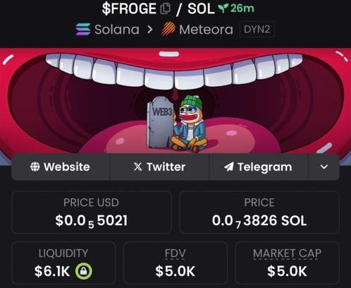 forkedflicker's tweet image. Highlighted $FROGE at $5K Mcap in my Alpha Telegram 🚀⚡ 

#FROGE #SolanaMemeCoin #AlphaCalls #elonmuskliesdaily #elonmuskfreedom #elonmuskgoat
