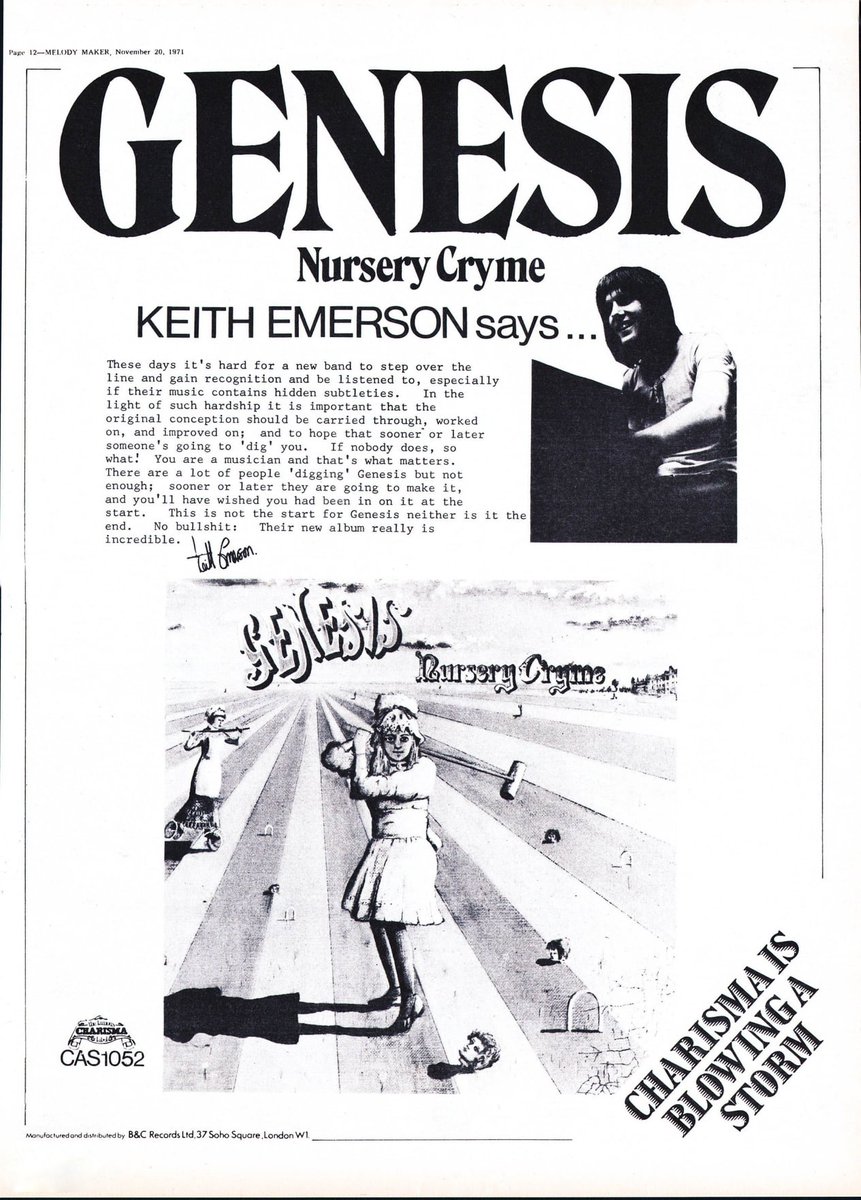 joserael's tweet image. November 20, 1971. #KeithEmerson&apos;s famous &quot;endorsement&quot; in the &quot;Nursery Cryme&quot; advertisement in the Melody Maker. @JoeBlow24424856 @ProgROCK_Bon #Genesis &quot;The Musical Box&quot; youtu.be/i4going_cOo?si…