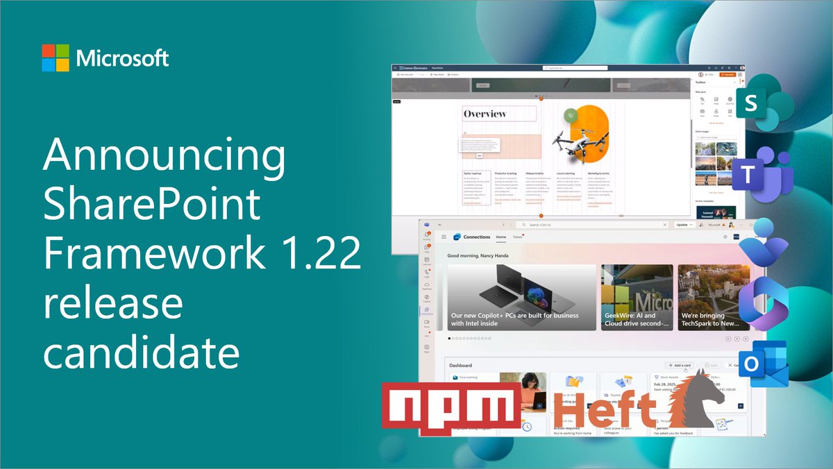 SharePoint's tweet image. 💡 Release candidate for upcoming #SharePoint Framework 1.22 is available

- Transitioning to a Heft based toolchain
- Addressing known npm audit issues ✅
- TypeScript version update 

Feedback welcome 👋

Release details → msft.it/6013trxbB

#Microsoft365dev #SPFx