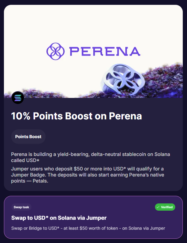 onchainlemon's tweet image. Those who are still in Perena, get a 10% boost by doing a swap or bridge to USD* on Solana via Jumper Missions. The boost and badge will be reflected within a day. 

My current farms in Solana:
Hylo, Exponent, RateX, Perena and Loopscale.