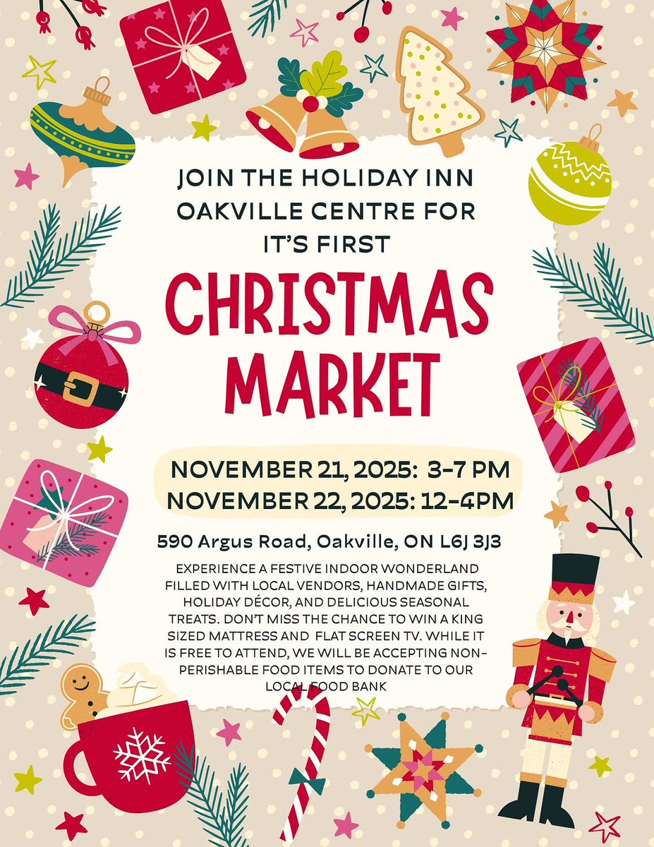 The FIRST Christmas market at Holiday Inn Oakville Centre! 
Local vendors will showcase Canadian-made goods.

Join us for this festive event with no entry fee; however, we kindly request perishable goods donations for our local food bank.

November 21 - 3-7:00pm