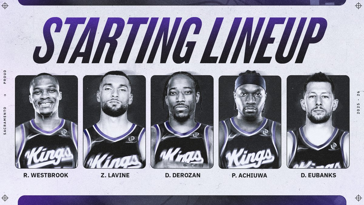 tonight's starting lineup 🖐️⤵️ 👑 Russell Westbrook 👑 Zach LaVine 👑  DeMar DeRozan 👑 Precious Achiuwa 👑 Drew Eubanks, image size:1200x675