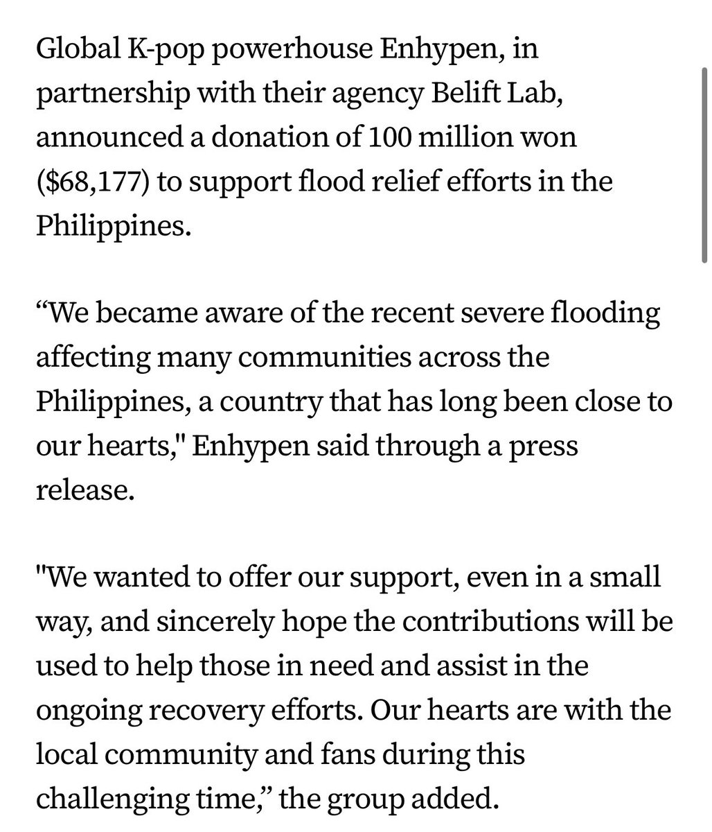 allforchulsoo's tweet image. ENHYPEN DONATED $68,177 FOR PHILIPPINE FLOOD RELIEF EFFORTS OH MY GOSH 😭😭

“We became aware of the recent severe flooding affecting many communities across the Philippines, a country that has long been close to our hearts,&quot; Enhypen said through a press release.

&quot;We wanted to…