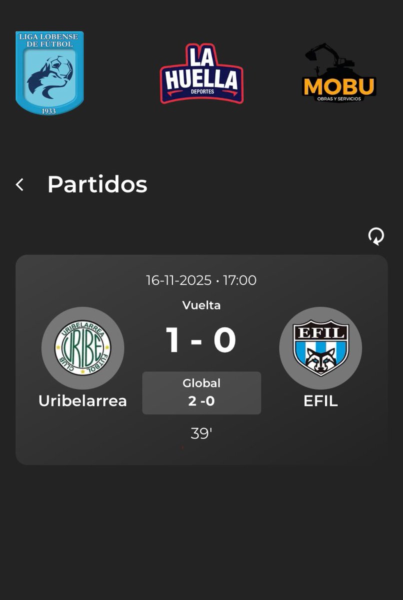 lahuelladep's tweet photo. Estado del partido 

Uribelarrea 1 - 0 EFIL

35’ gooool de Uribe 

Facundo Benitez abre el marcador para el local 

Seguí el minuto a minuto del partido desde nuestra App!
https://t.co/8ziolkS0HX https://t.co/YCxCRDvSEW