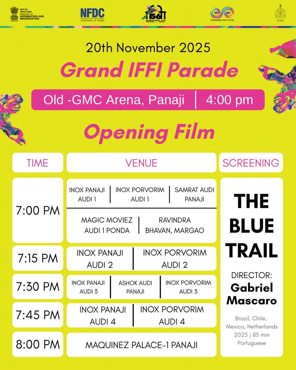 The celebrations begin today at IFFI 2025!

The Grand <a href="/IFFIGoa/">International Film Festival of India</a> Parade will take place at 4 PM in Panaji.

#iffi2025 #iffigoa #iffi #iffi56 

<a href="/esg_goa/">ESG, Government of Goa</a> <a href="/MIB_India/">Ministry of Information and Broadcasting</a> <a href="/nfdcindia/">NFDC India</a> <a href="/PIB_India/">PIB India</a> <a href="/DDNational/">Doordarshan National दूरदर्शन नेशनल</a> <a href="/airnewsalerts/">All India Radio News</a>
