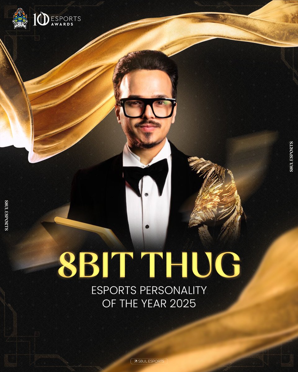 S8ulesports's tweet image. A milestone that raises the bar for everyone.

@8bit_thug wins Esports Personality of the Year, his first-ever nomination and his first-ever win 🏆

A leader who has fueled, supported, and elevated Indian esports from the very beginning 🚀

#S8UL