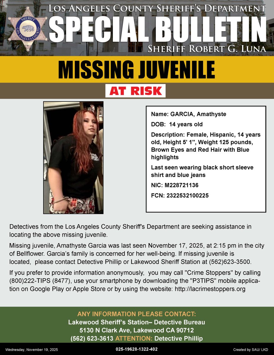 #LASD is Asking for the Public's Help Locating At-Risk Missing Juvenile, Amathyste Garcia #Bellflower
local.nixle.com/alert/12009279/