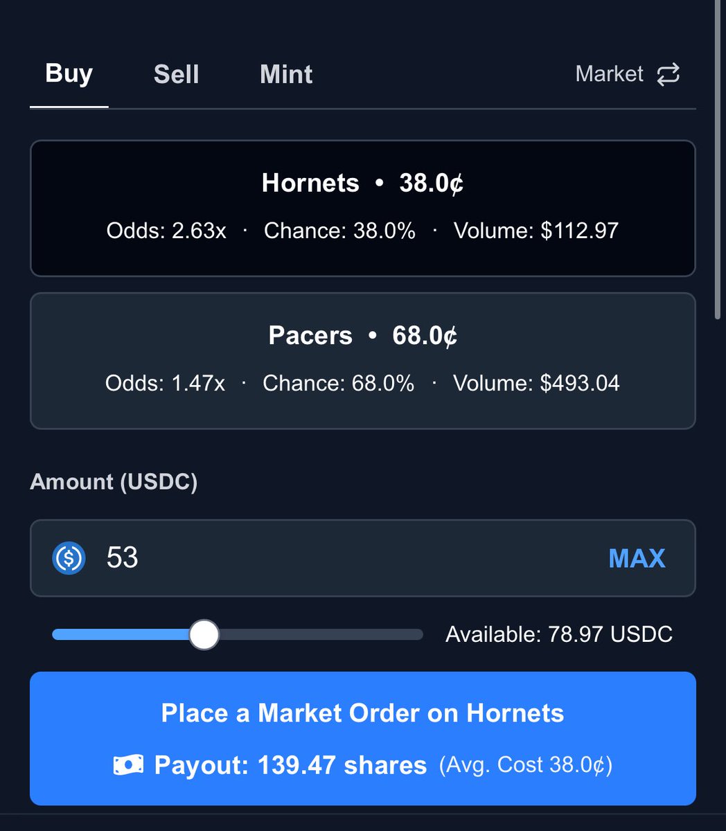 JermyioEth's tweet image. Hornets 43¢  on @Polymarket 
38 ¢ on @PredictBase 

There is a lot of slippage opportunities on @PredictBase 🔥🔥🔥

#NBA